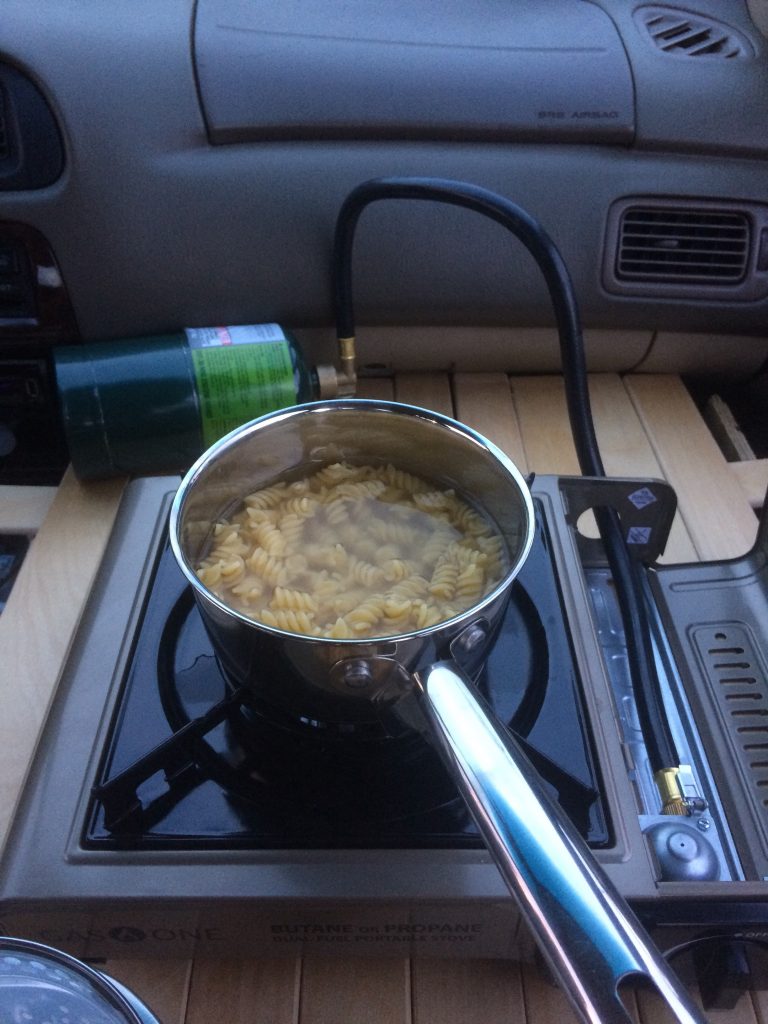 cooking pasta in car